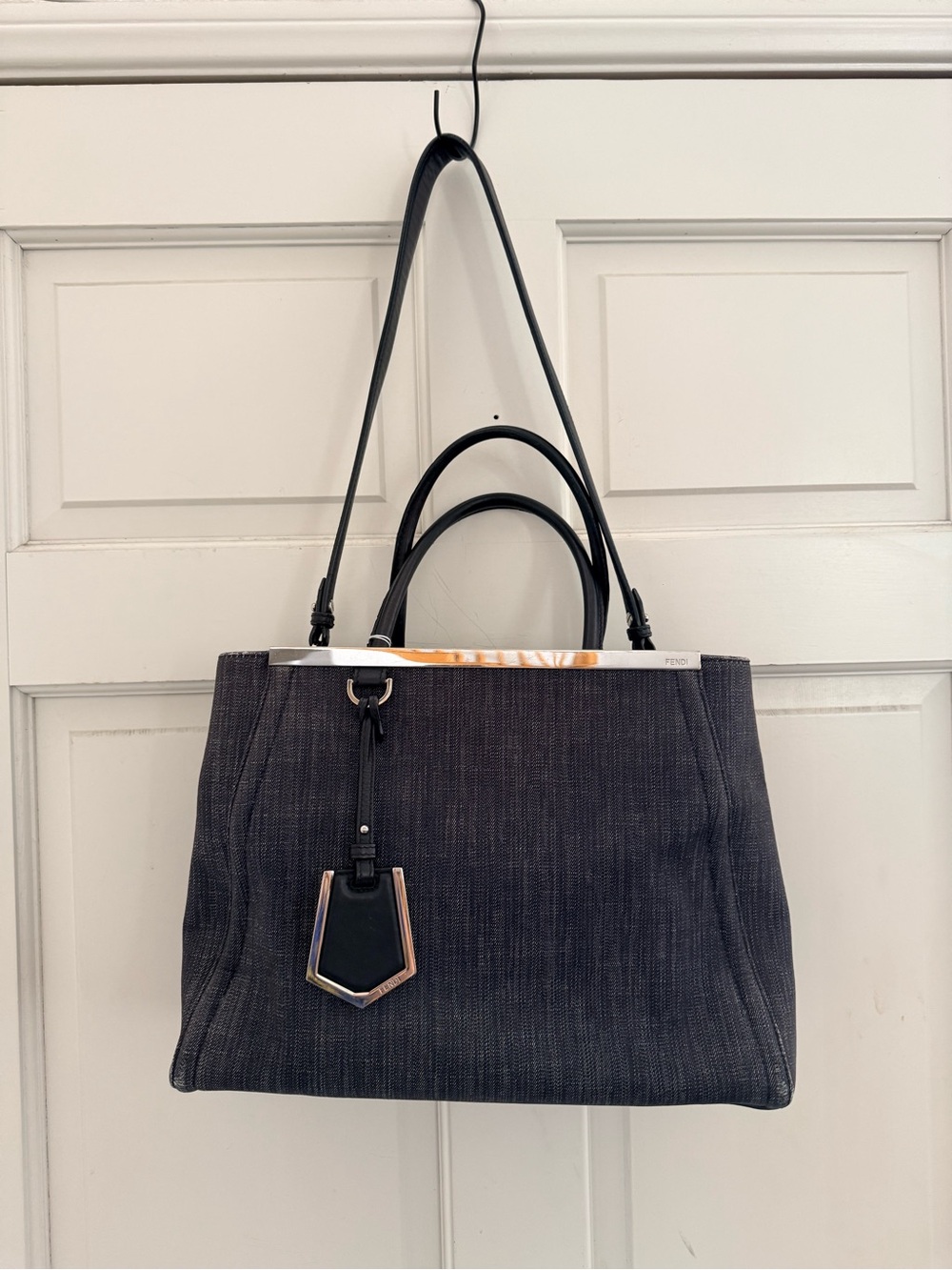 Fendi Black Denim and Silver Structured Tote with Dual Handles